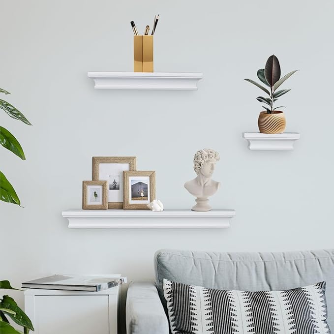 AHDECOR Versatile White Wall Mounted Floating Shelves, Stylish and Practical Home Decor and Storage in Any Room, Set of 3