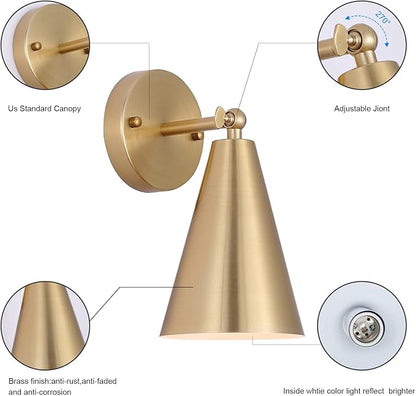 MWZ Gold Sconces Set of 2, Modern Brass Wall Sconces Lighting Fixtures with Metal Shade, Indoor Decor Wall Mount Swing Arm Lamp for Bedroom,Bedside,Kitchen,Hallway,Living Room,Reading,Bar