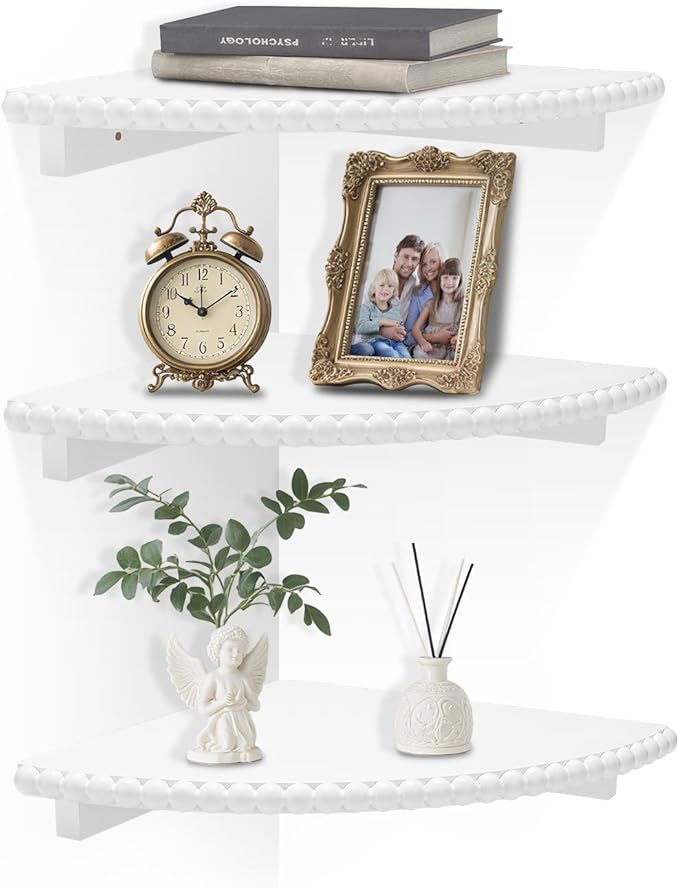 Lamapggio Corner Floating Shelves with Double Support Brackets, 3 Pack Wood Wall Mount Round Display Shelf for Bedroom, Living Room, Bathroom