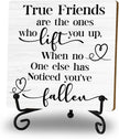 Friendship Quotes Desk Decor Gifts for Women Best Friends, True Friends Are The Ones Who Lift You Up Tabletop Sign, Motivational Wood Plaque With Iron Stand for Home Office Bedroom Shelf Desk Decor