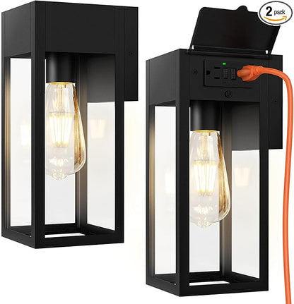 2 Pack Porch Lights Outdoor Wall Sconce, Outdoor Light with GFCI Outlet, Waterproof Exterior Wall Lantern Light Fixtures, Anti-Rust Wall Lamp with Clear Glass for Patio Doorway Garage- Black