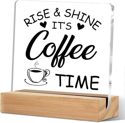 Coffee Desk Decor Sign, Coffee Time Acrylic Sign With Wooden Stand For Farmhouse Home Kitchen Table, Coffee Sign for Farmhouse Home Kitchen Bar Shelf Table, Gifts for Family Friend Coworker