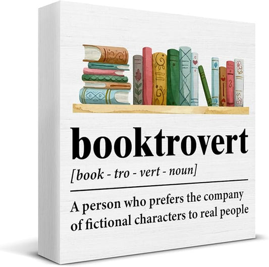 Book Lover Decor Rustic Booktrovert Definition Wooden Sign Decorations Home Book Room Library Desk Table Shelf 5×5 Inches, Gifts for Book Lovers Readers