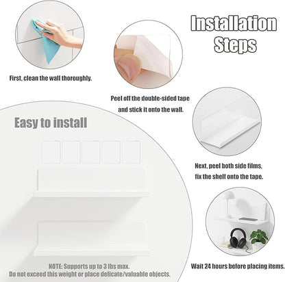 ZILAMGOO White Floating Shelves for Wall, 12 Inch Adhesive Wall Mounted Acrylic Shelves, No Drill Stick On Shelves for Bathroom, Bedroom, Kitchen, Living Room, Office (Set of 2, White)