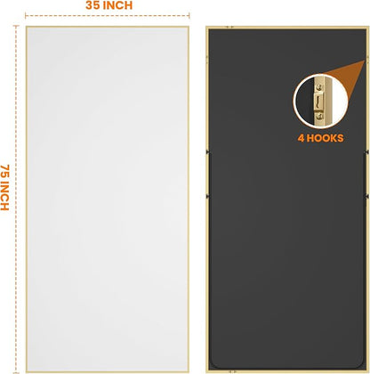 Full Length Mirror, 75"x35" Rectangle Standing Floor Full Body Mirror for Wall with Aluminum Alloy Frame for Bedroom, Living Room, Dressing Room(Gold)