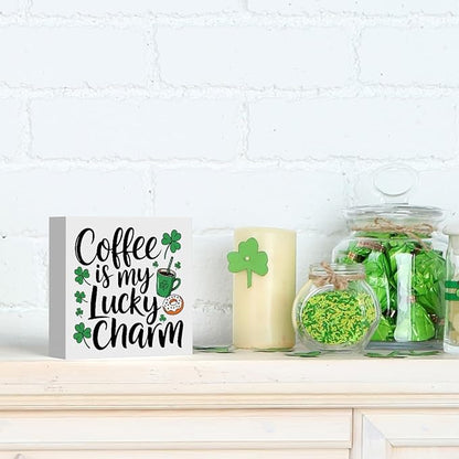 St Patricks Day Decor Coffee Is My Lucky Charm Rustic Coffee Bar Wood Sign Home Tabletop Shelf Desk Decor Patrick's Day Decorations 5 X 5 Inches