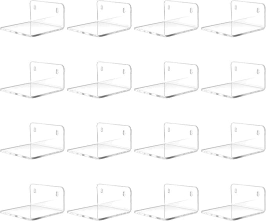 Acrylic Mini Floating Shelf, 16 Pack - Clear, Modern Wall Shelf for Office, Bedroom, Living Room - Mounted Storage for Pop Figures, Plants, Pictures