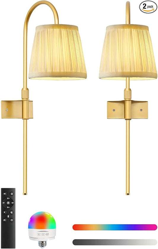 Vintage Battery Operated Wall Sconces Set of 2, Gold Rechargeable Wireless Wall Lamp Lights with Fabric Lampshade & LED Remote Bulb,Dimmable Flower Wall Sconce for Bedroom Living Room Hallway