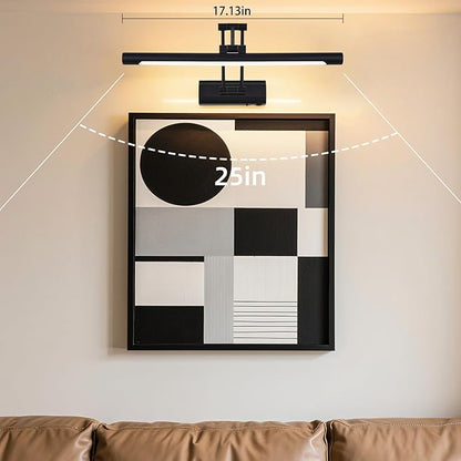 17"Battery Operated Picture Light, 5200mAh Rechargeable Wall Light for Paintings, 3-Color & Dimmable LED Art Light with 270° Rotate Arm, Cordless Frame Lighting for Gallery, Living Room, Black