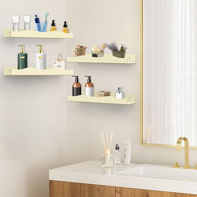 Wall Mount Acrylic Shelf 15 Inch Floating Shelf for Wall Decor Plants Books Records Heavy Duty Beige Display Shelf Bathroom Bedroom Living Room Storage Organization (6, Yellowish Beige)