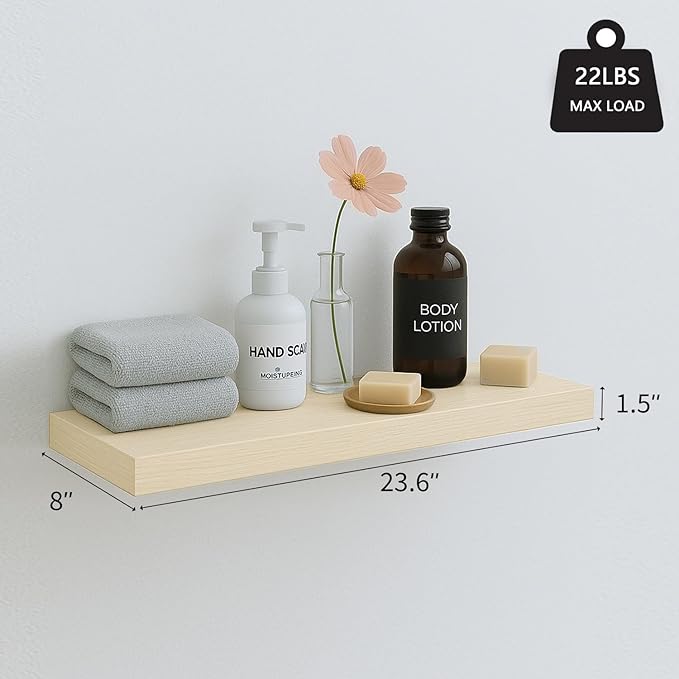 INHABIT UNION White Oak Floating Shelves for Wall, 24 in Wall Mounted Shelves Perfect for Bedroom, Bathroom, Living Room and Kitchen Decoration Storage（Set of 2）