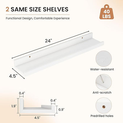 Dreamland Picture Ledge Shelf for Wall, Floating Shelves Set of 2, 24 Inch Long Floating Shelves with Lip for Living Room, Bedroom, Bathroom, Kitchen, White