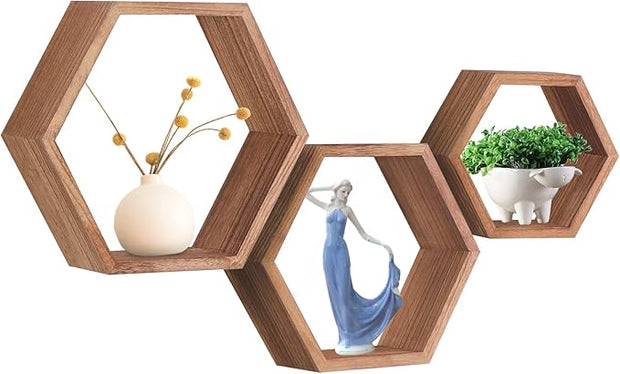 PHOENANCEE Hexagon Floating Shelves,Honeycomb Shelf,Wall Mounted Rustic Wood Octagon Hanging Storage Shelves Set of 3 for Living Room Bedroom Bathroom Office Hexagonal Decor(Carbonized Black)