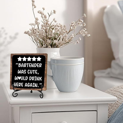 Funny Bartender Review Desk Sign, Funny Home Bar Plaque, Wooden with Stand, Bartender Was Cute Would Drink Here Again Wooden Tabletop Decor for Bar Table Decorations, Desk Shelf Decor Supplies