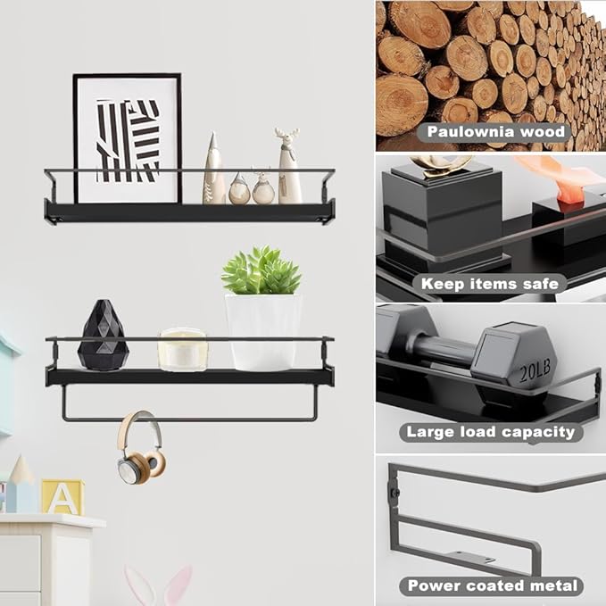 Wall Decor Floating Shelves, Home Decor with Towel Bar/Hooks, Wall Shelves for Bathroom/Living Room/Kitchen/Bedroom, (Black-Black) Floating Bathroom Shelves
