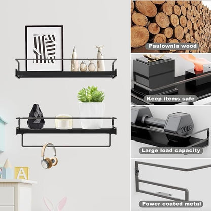 Wall Decor Floating Shelves, Home Decor with Towel Bar/Hooks, Wall Shelves for Bathroom/Living Room/Kitchen/Bedroom, (Black-Black) Floating Bathroom Shelves