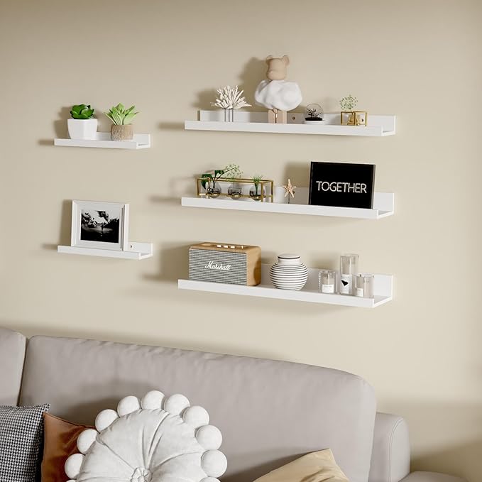 Giftgarden 24 Inch Wall Mounted Floating Shelves Set of 5, White Wood Wall Shelves for Bathroom, Bedroom, Kitchen, Living Room Storage and Decoration, Wooden Picture Ledge
