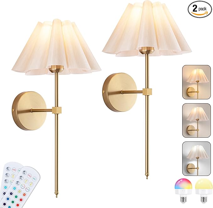 Battery Operated Wall Sconces Set of 2, Rechargeable RGB Wall Lights, Not Hardwired Wall Lights with Petal Shades, Wireless Wall Lamp with Remote Control for Living Room Corridor Bedroom etc