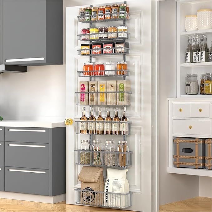 Moforoco Grey Over The Door Pantry Organizer, Pantry Door Organizer Shelves, Kitchen Organizers and Storage, Hanging Basket Wall Spice Rack Seasoning Shelves, Laundry Room Bathroom accessories
