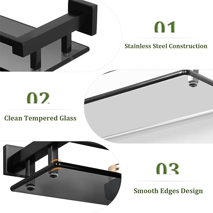 Alise Glass Shelves for Bathroom Wall, Tempered Glass Bathroom Shelf Wall Mounted, Modern Space Saving Floating Shelves 12 inch, Matte Black