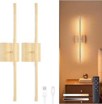 Battery Operated Wall Sconce Set of 2, 8000mAh Rechargeable Wall Sconces, 3000K-6000K Dimmable, 350°Rotate, Indoor Wall Lights for Bedroom Living Room, Original Wood, 23.6 Inch