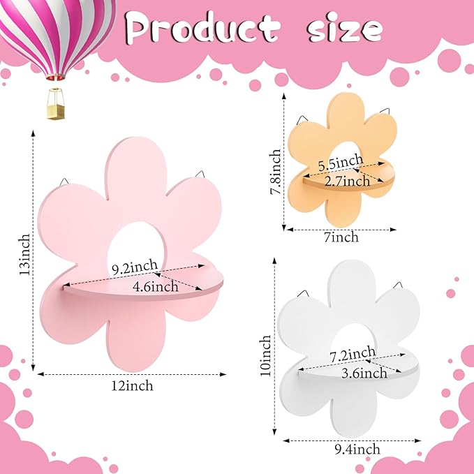 Soaoo 3 Pcs Daisy Flower Floating Shelves, Wooden Boho Daisy Plant Shelf, Wall Mounted Display Stand, Hanging Display Flower Decor for Living Room Bathroom Bedroom(Pink,White,Yellow)