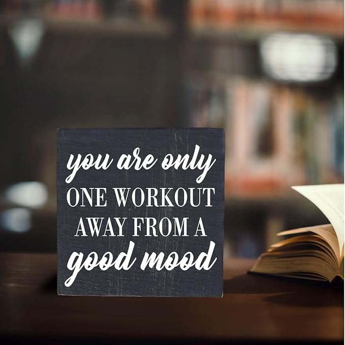 Motivational Gym Desk Decor Wooden Box Sign Fitness Gifts Rustic Black Wood Block Plaque Box Sign for Home Gym Desk Shelf Table Decoration You are only One Workout Away from A Good Mood Sign