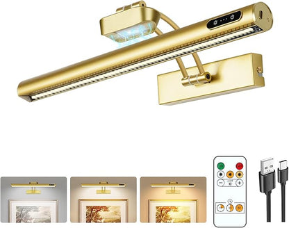 Magnetic Wireless Picture Light Rechargeable Battery Operated with Remote/Touch Control/Timer, Angle Adjustable 16in Metal Painting Light, 3 Color Dimmable, Art Light for Display, Wall, Gallery, Gold