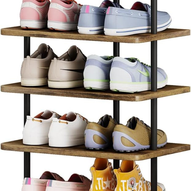AZERPIAN Shoe Rack 9 Tier Vertical Storage Organizer Double Row Narrow Metal Slim Shelf Modern Free Standing Shoe Tower Saving Space for Closet Entryway Bedroom,Black+Rustic Brown