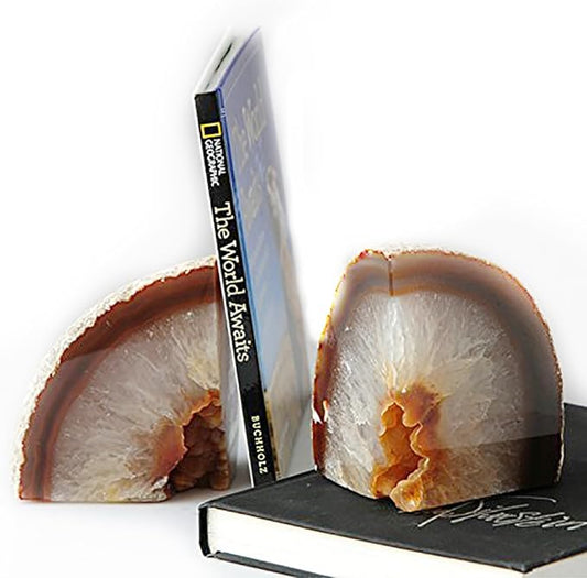 JIC Gem 1 Pair(4 to 6 Lbs) Natural Agate Bookends Decorative geode Book Ends for Heavy Books with Rubber Bumpers for Shelves and Office Decoration