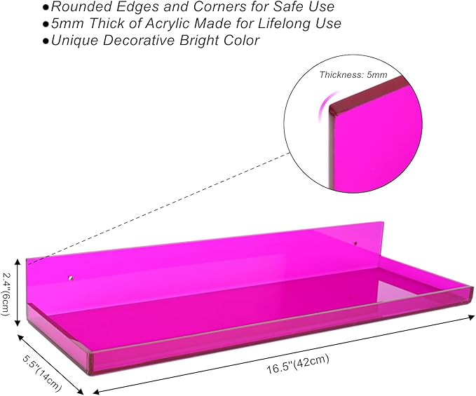 Floating Shelves for Wall Acrylic Wall Shelves for Bedroom Bathroom Living Room Kitchen 16.5X5.5'', Pack of 2, Purple