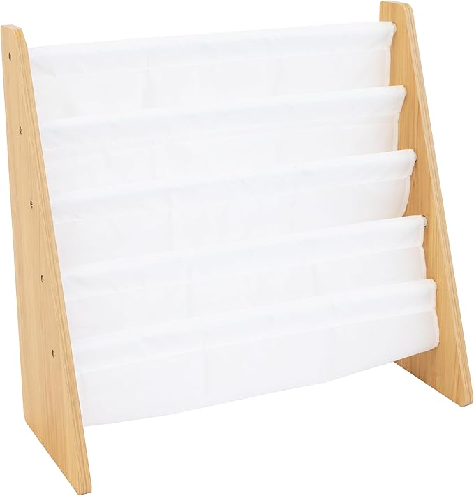 Humble Crew 4-Tier Kids Bookshelf, Natural Wood/White - Premium Book Shelf for Kids Rooms with Four Deep Pockets - Toddler Sling Book Rack with Deep Sleeves, Nursery Bookcase Organizer