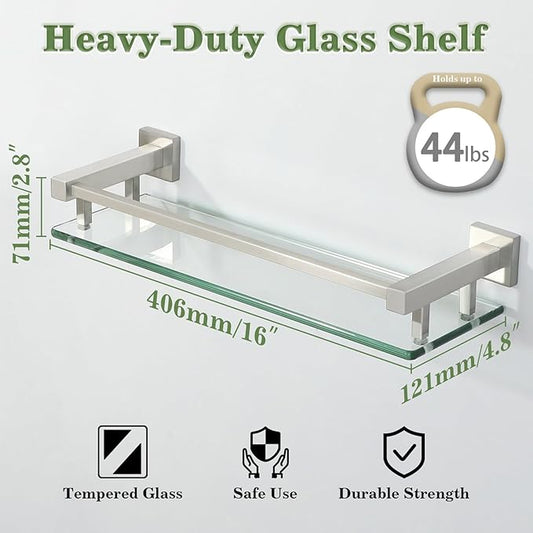Alise Bathroom Glass Shelf with Stainless Steel Railing, Brushed Nickel Small Tempered Glass Floating Wall Shelf Over The Toilet, 16 inch