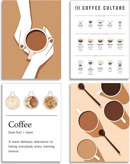 NCYEL 4pcs Modern Minimalist Coffee Wall Art Kitchen Coffee Shop Pictures Simple Home Decor Aesthetic Posters Neutral Brown and Beige Bar Decor 8x10 Inch unframed