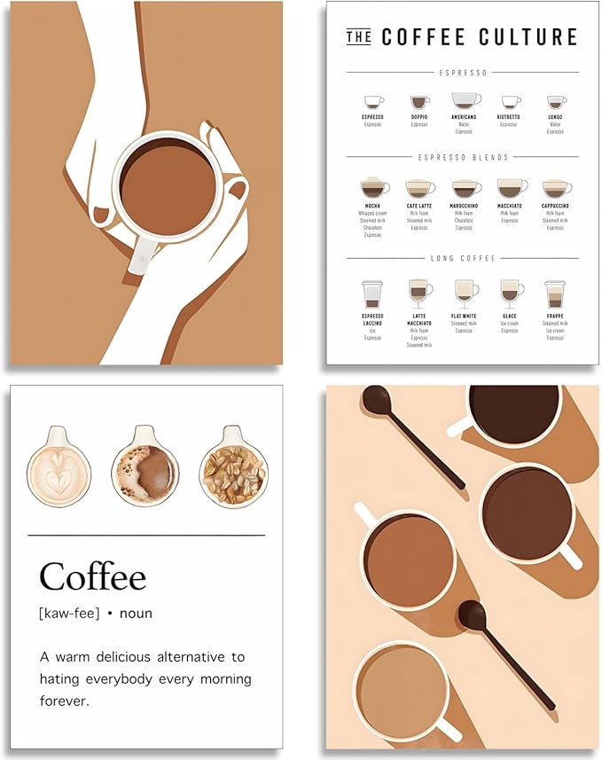 NCYEL 4pcs Modern Minimalist Coffee Wall Art Kitchen Coffee Shop Pictures Simple Home Decor Aesthetic Posters Neutral Brown and Beige Bar Decor 12x16 Inch