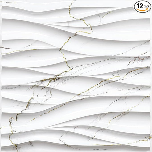 STICKGOO Wave Wall Panels for Interior Wall Decor, White Marble Mixed Gold Thread 3D Wall Panels Accent Wall, Decorative PVC Panels for Living Room Bedroom TV Background