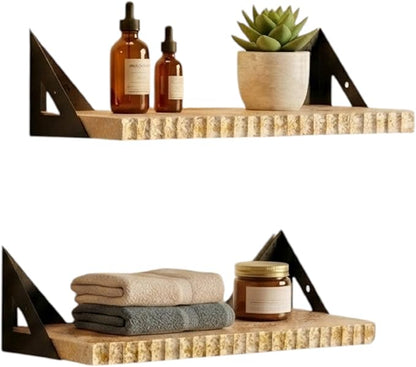 Hanging Wall Shelves Set of 2 - Wood Wall Shelves with Gold Accents for Bathroom, Bedroom, Living Room - Heavy Duty Wall Mounted Storage & Decor Shelves with Metal Brackets, Easy Install