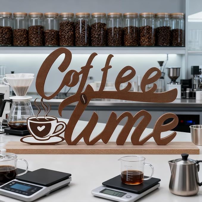 MEETYAMOR Coffee Bars Decor, Wood Metal Coffee Time Sign Decorations for Table Decor, Farmhouse Rustic Coffees Bar Accessories for The Home, Kitchen, Mantle, Shelf