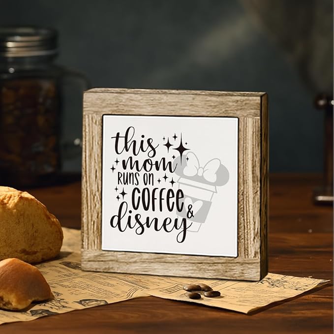 Coffee Bar Wooden Decor Sign, This Mom Runs on Coffee Sign, Farmhouse Cafe Signs for Kitchen Decorations, Rustic Wooden Cafe Decorative Signs 5.9X5.9 Inches