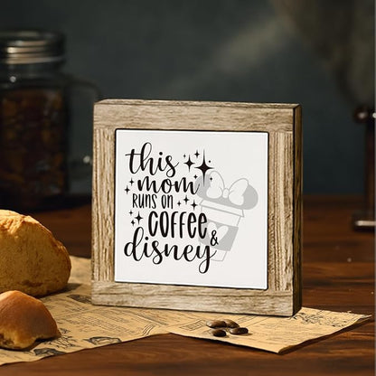 Coffee Bar Wooden Decor Sign, This Mom Runs on Coffee Sign, Farmhouse Cafe Signs for Kitchen Decorations, Rustic Wooden Cafe Decorative Signs 5.9X5.9 Inches