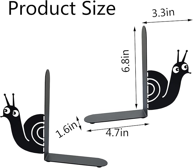 Bookends Cute Snail Metal Book Ends, Novelty Decorative Bookends for Bookshelf, Book Organizer for Desk Home Office School Bookshelf Decor, Black - 1 Pairs