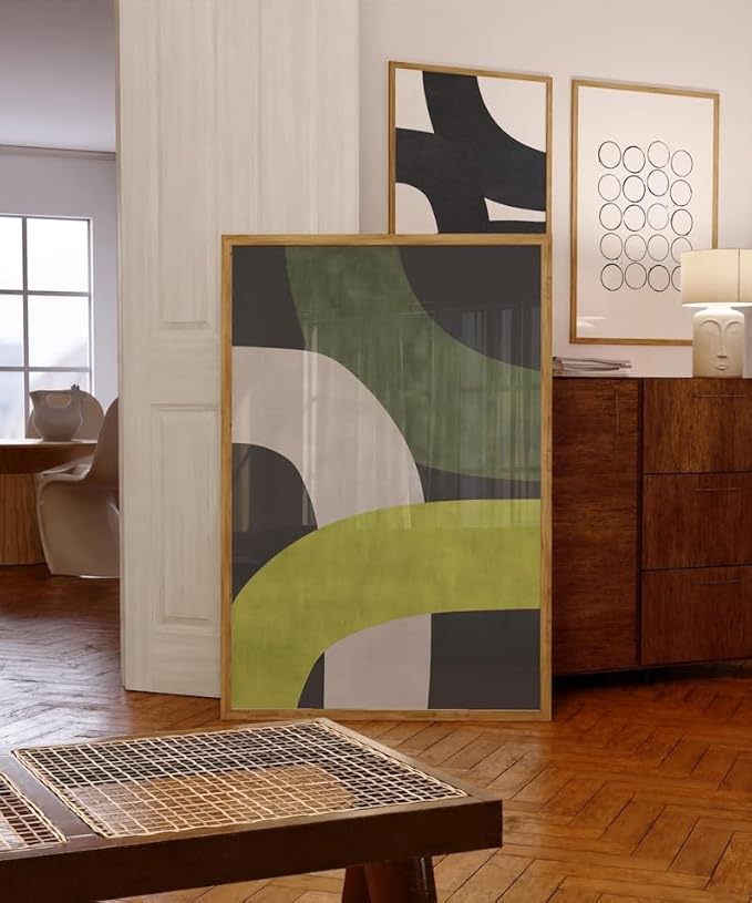 Nationcog Mid-Century Green Black Organic Lines Art, Modern Minimalist Wall Decor, Bold Beige Tones Contemporary Trendy Home Accent (Unframed) (24x36)
