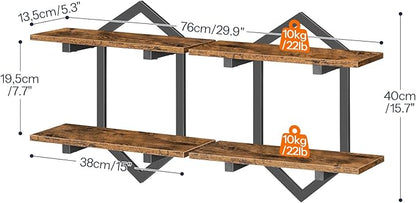 HOOBRO Floating Shelves, 15 Inch Wall Shelf Set of 2, Wall Mounted Storage Shelves 2-Tier, Hanging Bathroom Shelves, for Living Room, Bedroom, Bathroom, Kitchen, Rustic Brown and Black BF13BJP201