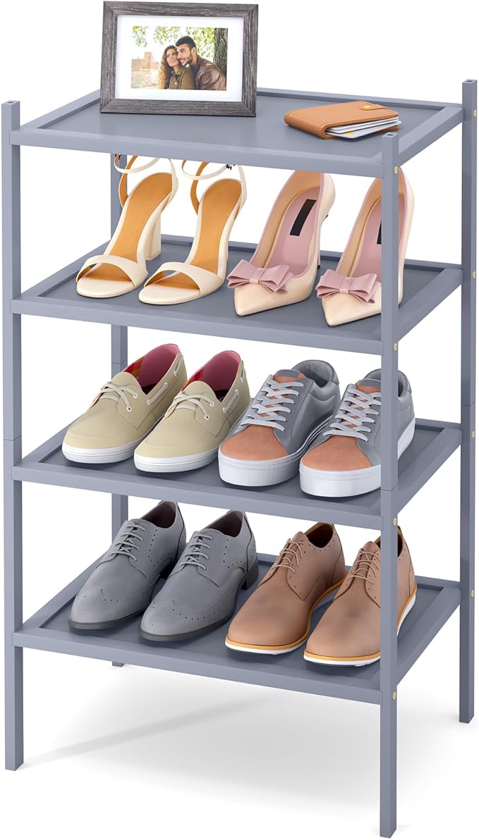 Smiry Bamboo Small Shoe Rack, 4 Tier Shoe Organizer for Entryway & Closet, Stackable Free Standing Storage Shelf for Shoes, Bags & Plants, Grey