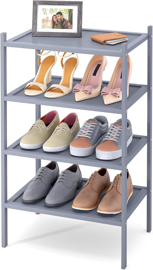 Smiry Bamboo Small Shoe Rack, 4 Tier Shoe Organizer for Entryway & Closet, Stackable Free Standing Storage Shelf for Shoes, Bags & Plants, Grey