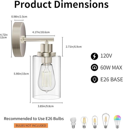 Bathroom Wall Sconces Set of Two: Brushed Nickel Vanity Light Fixtures with E26 Base LED Cordless Indoor Wall Mount Lamp for Mirror Bedroom Hallway Stairway Modern Decor Lighting