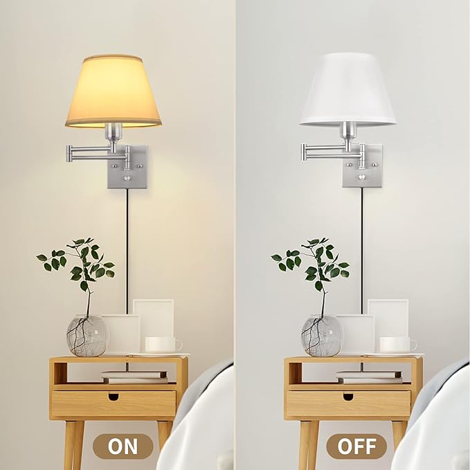 TRLIFE Wall Sconce Plug in, Dimmable Wall Sconces Set of 2 Brushed Nickel Swing Arm Wall Lights with Plug in Cord and On/Off Dimmer Rotary Switch, 9.4