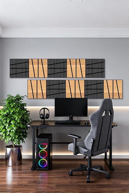 WoveN SounD Artisan Acoustic Wall Panels, 16 Pack 12x12 Inch, Wood Veneer Carved Sound Proof Wall Decor, Self-Adhesive for Home, Studio, Office & Focus Zones, Cut Prism, Black Oak