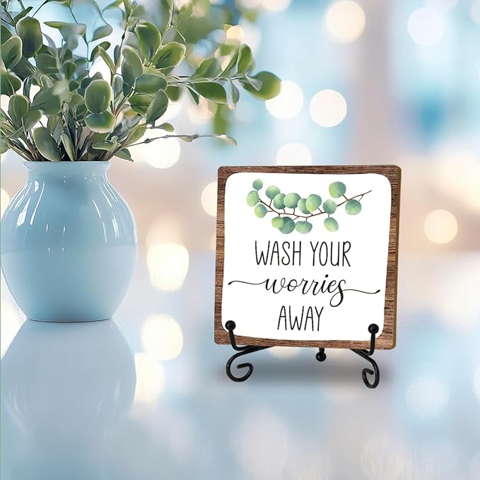 Bathroom Decor, Wash Your Worries Away Wooden Sign With Stand, Funny Bathroom Laundry Room Decor, Restroom Guest Washroom Decoration, Funny Toilet Washroom Plaque Sign Decor, Gifts for Family Friend