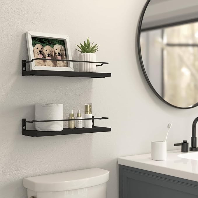 RICHER HOUSE Bathroom Shelves, Black Floating Wall Shelf Organizer Over Toilet Storage with 2 Shelves